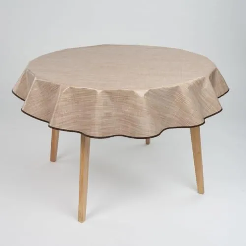 laro 140cm runde Wachstuch Tischdecke abwaschbar Wachstuchtischdecke mit Saum-Eingefasst-Paspelband, Muster:Leinenoptik Beige Braun, Größe: Rund 140cm