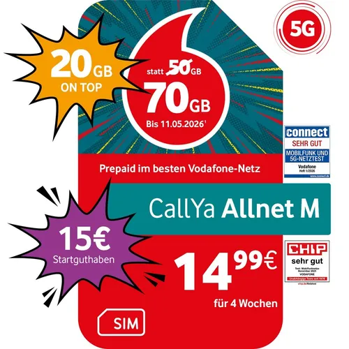 Vodafone Prepaid CallYa M - 30 GB für 14,99 EUR - Prepaidkarte mit 30 GB Datenvolumen und Allnet-Flat, inklusive 5G-Highspeed und 15 EUR Startguthaben. Flexibel ohne Vertrag, ideal für Normal-User!