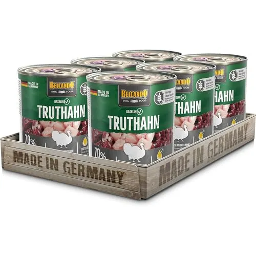 BELCANDO Baseline Nassfutter für Hunde, Truthahn, 6x800g - Hochwertiges Nassfutter mit 70% Fleischanteil für ausgewachsene Hunde. Getreidefrei, schmackhaft und angereichert mit Distelöl für eine ausgewogene Ernährung. Hergestellt in Deutschland unter höchsten Qualitätsstandards.