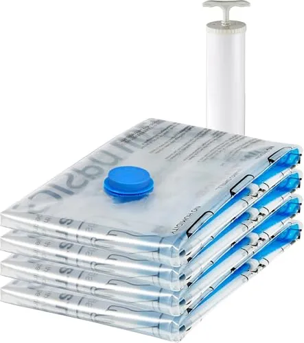 Amazon Basics Vakuum-Kompressionsbeutel X-Jumbo, 4er Pack - Vakuum-Platzsparer für große Gegenstände, spart bis zu 80 % Stauraum. Inklusive Handpumpe und strapazierfähigem Reißverschluss für optimalen Schutz vor Feuchtigkeit und Schmutz.