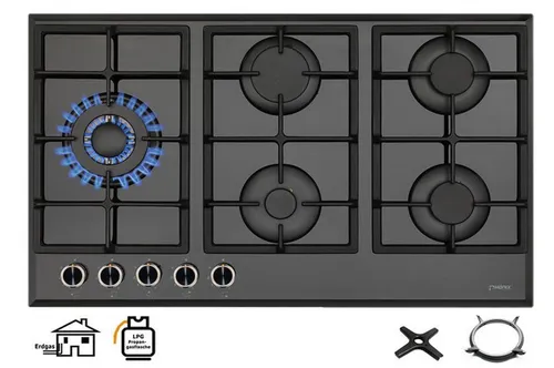 Phönix Germany Gas-Kochfeld PG-901LT - 5-flammiges Gaskochen mit Zündsicherung, ideal für präzises Kochen und einfache Handhabung, perfekt für Ihre Küche.