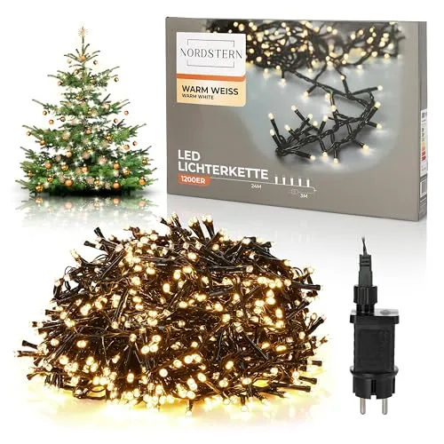 Nordstern LED Büschel Lichterkette Warmweiß 1200 LEDs - Weihnachtsdeko für Innen & Außen - Vielseitige Lichterkette mit 1200 warmweißen LEDs (24 m) für stimmungsvolle Weihnachtsdekoration. Wasserdicht und mit 8 Lichtmodi – ideal für Tannenbaum, Balkon oder festliche Räume.