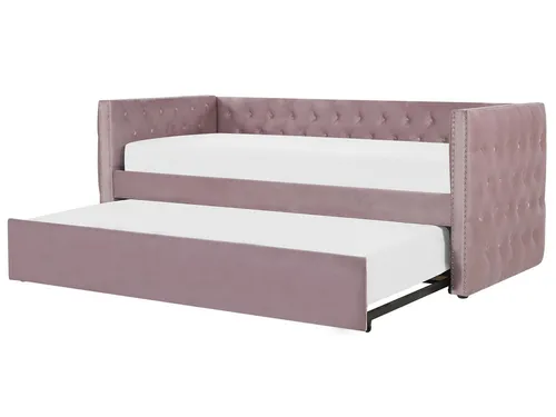 Ausziehbett Samtstoff GASSIN 90 x 200 cm Rosa - Platzsparendes Tandembett im glamourösen Rosa, ideal für Kinderzimmer. Mit ausziehbarer Liegefläche für Übernachtungsgäste - stilvoll und funktional.