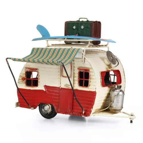 Moritz Dekoobjekt Blech Wohnwagen rot/weiß Retro - Handgefertigter Blechwohnwagen im Retro-Design, ideal als dekorativer Blickfang für Ihr Zuhause. Mit vielen liebevollen Details und beweglicher Markise – perfekt für Nostalgie-Fans!