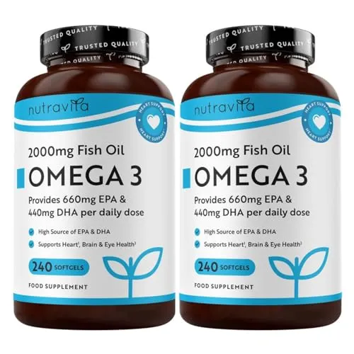 Nutravita Omega 3 Kapseln Hochdosiert 2000mg Fischöl Kapseln mit 660mg EPA un 440mg DHA - Unterstützt die Gesundheit von Herz, Gehirn und Augen (EFSA) - 2 x 240 Weichkapseln für 8 Monate