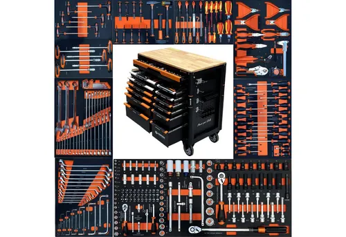 Daewoo Power Products Werkzeugwagen XXL Jumbo - Werkstatteinrichtung mit 267-tlg. Werkzeugset, ideal für Profis und Hobby-Handwerker, bietet optimale Organisation und Mobilität durch 10 Einlegeböden und 4 Lenkrollen.