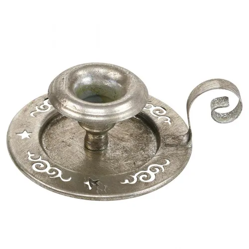 Kerzenhalter Metall Vintage Silber Ø12cm - Eleganter Kammerleuchter aus Metall mit Henkel. Ideal für Advent und stimmungsvolle Abende. Maße: Höhe 6cm, Breite 12cm, Farbe: silber.