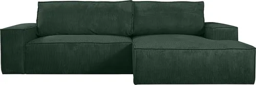 Vente-unique AMELIA Ecksofa mit Schlaffunktion - Tannengrün - Rechts - Elegantes Ecksofa AMELIA in Tannengrün aus Cord, bietet eine praktische Bettfunktion und Stauraum. Ideal für 4 Personen, vereint Komfort und Stil in Ihrem Wohnzimmer.