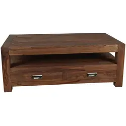 Couchtisch Masala 120x70cm aus Massivholz Sheesham - Hochwertiger Couchtisch aus indischem Sheeshamholz mit geradlinigem Design. Zwei Schubladen und ein großes Ablagefach bieten praktischen Stauraum und integrieren sich perfekt in jedes Wohnzimmer.