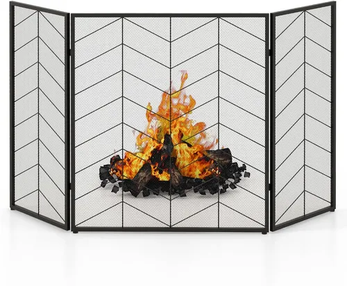 GOPLUS Klappbares 3-Teiliges Funkenschutzgitter für Kamin - Elegantes Kamingitter aus hitzebeständigem Metall, schützt zuverlässig vor Funken und Glut. Klappbar für einfache Aufbewahrung und passt sich jeder Kaminform an. Maße: 132 x 79 cm, Schwarz mit Chevron-Muster.