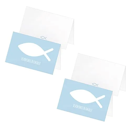 itenga 48 x Tischkarten Platzkarten Namensschild Fisch Kommunion Taufe Konfirmation Jungen Mädchen (himmelblau)