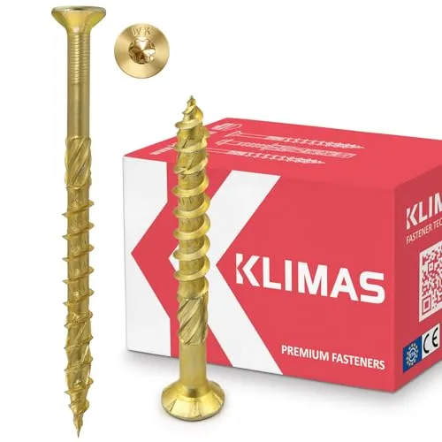 KLIMAS Holzschrauben Torx 6x300 mm - 100 Stück - Holzschrauben mit TX-Antrieb für optimale Drehmomentübertragung, ideal für Holzbau und Terrassenkonstruktionen. Mit Wachsbeschichtung für müheloses Eindrehen und verlängerte Werkzeuglebensdauer.