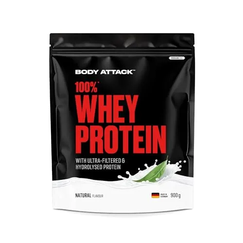 Body Attack 100% Whey Protein 900g - Natural-Neutral - Sportnahrung mit hohem Proteingehalt, ideal für Muskelaufbau und Regeneration, ohne Zuckerzusatz und künstliche Aromen.