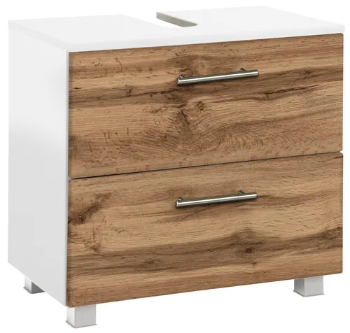 Waschbeckenunterschrank WELLTIME "Trento" in Wotan-Eiche, B:60cm H:54cm T:35cm - Moderner Waschbeckenunterschrank mit 1 Auszug und 1 Klappe. Ideal für eine individuelle Badgestaltung. Robuste Materialien und einfache Selbstmontage machen ihn zur perfekten Wahl für Ihr Badezimmer.