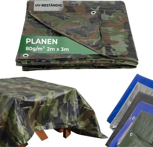 Plane Tarpaulin Khaki 2x3 m, 80 g/m, Abdeck-, Olive/Tarnung, mit Ösen