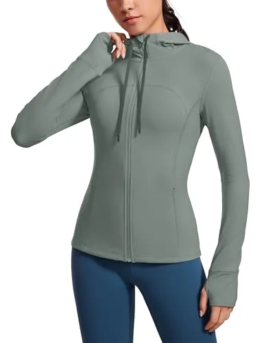 CRZ YOGA Damen Butterluxe Voll Reißverschluss Running Jacke Zip Tasche Sport Gym Hoodie Mesh Hoody Sweatjacke mit Daumenloch Grauer Salbei 38