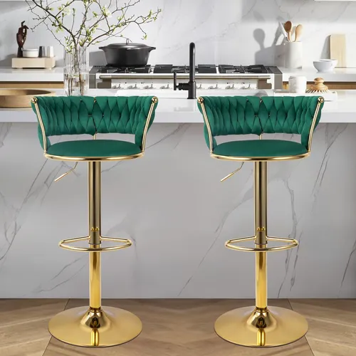 HawthyHome Barhocker mit Rückenlehne und Fußstütze - Höhenverstellbar & Drehbar (2 St) - Elegante Barhocker im 2er-Set aus hochwertigem Samt und goldfarbener Metallbasis. Ideal für Kücheninseln und Bars, bieten sie Komfort und Flexibilität durch stufenlose Höhenverstellung und 360°-Drehfunktion.