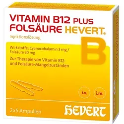 Hevert Vitamin B12 Plus Folsäure Ampullen 2 ml – 2X5 St - Praktische 2 ml Ampullen mit Vitamin B12 und Folsäure, ideal für die gezielte Unterstützung. Für eine einfache Anwendung und optimale Dosierung.