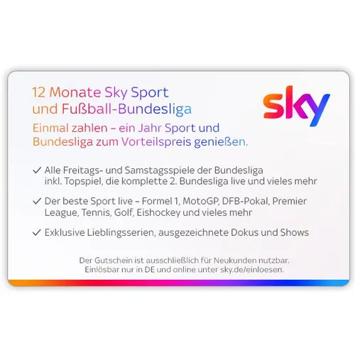 SKY Der komplette Live-Sport 12 Monate Digital Code - Genießen Sie 12 Monate Zugang zu Live-Sport-Events mit dem SKY Digital Code. Ideal für Sportfans, die kein Spiel verpassen möchten!