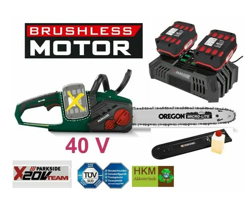 Parkside Akku-Kettensäge PKSA 40-Li mit Brushless Motor - Kettensäge mit leistungsstarkem Brushless Motor, inklusive 2x 4 Ah Akku und Ladegerät - ideal für effizientes Schneiden und nachhaltige Nutzung.