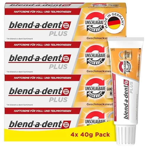 Blend-a-dent Plus Unschlagbare Bisskraft Haftcreme für Prothesen, Geschmacksneutral, 4x 40g - Hochwertige Haftcreme für Prothesen, die sicheren Halt beim Essen bietet. Genießen Sie den ganzen Tag über Komfort und Stabilität ohne unangenehme Geschmäcker.