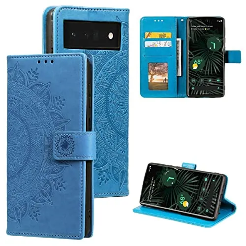 CoverKingz Handy Cover kompatibel mit Google Pixel 7 - Handyschutz mit Kartenfach Klapphülle - Bookcase Hülle aufklappbar Motiv Mandala Blau