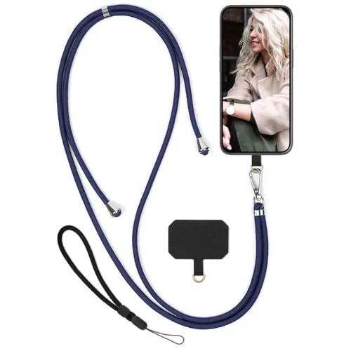 moex Unleash für Motorola Moto G75 5G Handyband zum Umhängen ohne Hülle, Handykette Universal mit Karabiner, Handy Band abnehmbar, Kette mit Pad für Handyhülle, Blau, Silber
