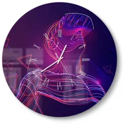 DEQORI Wanduhr 'Mann mit VR-Brille' (Glas Glasuhr modern Wand Uhr Design Küchenuhr) blau|lila|rosa 50 cm x 50 cm