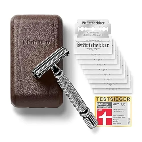 Störtebekker® Premium Rasierhobel Hamburg - TESTSIEGER 2024 - Nassrasierer für Herren mit 10 schwedischen Rasierklingen und handgefertigtem Leder-Etui. Ideal für sanfte Rasur und Hautschonung, perfekt für Anfänger und Profis.