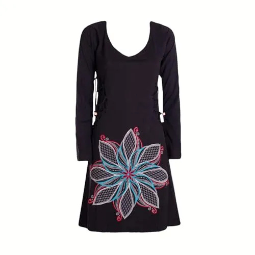 Vishes Damen Langarmshirt-Kleid mit seitlichen Schnüren in Schwarz I Größe 4XL (48) I Handgefertigt aus 100% Baumwolle I Ideal für den Herbst I Nachhaltige Alternative Bekleidung