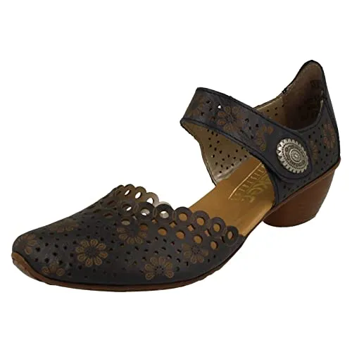 Rieker Pia Damen Open Court Shoes 38 Pazifik - Damen-Pumps aus hochwertigem Leder mit bequemer Riptape-Befestigung und 4 cm Absatzhöhe für eleganten Komfort im Alltag.