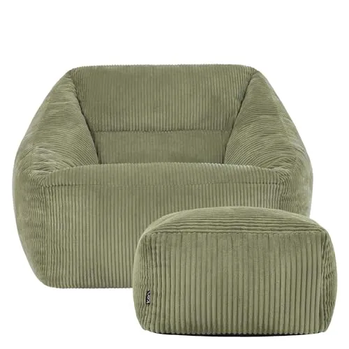 Icon Natalia Sitzsack Sessel mit Hocker - Salbeigrün - Sitzsäcke mit innovativem Paneeldesign für optimalen Komfort. Der weiche Cordbezug sorgt für Langlebigkeit und Stil in jedem Raum.
