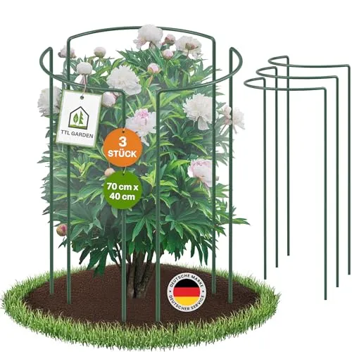 TTL GARDEN Strauchstützen 70cm x 40cm 3er Set - Pflanzenstütze Stahl rostfrei Kunststoff beschichtet - Pflanzenhalter Staudenhalter Blumenhalter Hortensie Rose Pfingstrose Ø 5,5mm grün