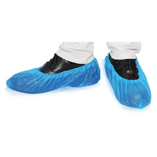 Maimed Schuhüberzieher Einweg - Schuhüberzieher wasserdicht - 100 Stück Überzieher Schuhe 41 x 15 cm, CPE blau, rutschfest, mit elastischem Gummiband