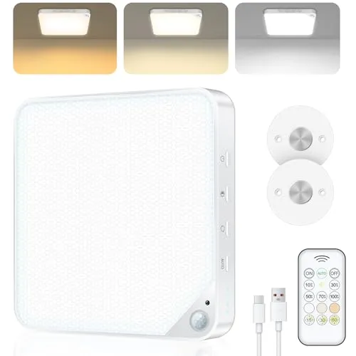 Akku Deckenleuchte mit Bewegungsmelder Innen,6W Aufladbare LED Deckenlampe Badezimmer mit Fernbedienung,Ohne Stromanschluss,Batteriebetriebene Kabellose Lampe für Bad,Schrank,Garage und Flur,1 Stück