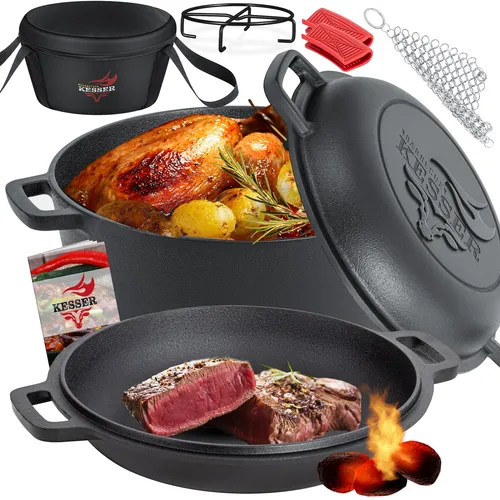KESSER® Dutch Oven 2in1 Gusseisen Topf 4,8L - Grilltöpfe für drinnen und draußen, ideal für vielseitige Kochmöglichkeiten und sofort einsatzbereit dank chemiefreiem Einbrennen. Perfekt für BBQ, Camping und Gartenpartys!