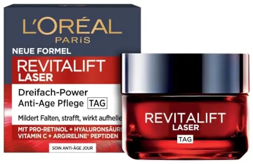 L'Oréal Paris Revitalift Laser X3 Dreifach-Power Tagescreme 50 ml - Tagescreme mit Pro-Retinol, Hyaluronsäure und Vitamin C für strahlende, jugendliche Haut. Mildert Falten und sorgt für intensive Feuchtigkeit und ein pralles Hautbild.