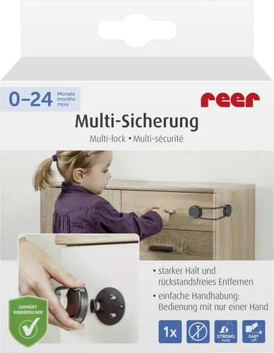 Reer Kindersicherung Anthrazit - Die Multi-Sicherung von reer schützt effektiv Schubladen und Türen vor ungewolltem Öffnen. Werkzeuglose Montage und modernes anthrazit Design machen sie zur idealen Wahl für ein sicheres Zuhause.