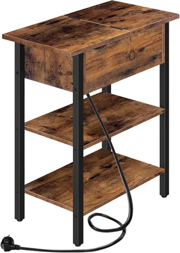 HOOBRO Beistelltisch mit Ladestation und Ablagefläche Dunkelbraun - Couchtisch mit Flip-Top-Design und integrierter Ladestation – ideal für kleine Räume, bietet Platz für Geräte und Deko.