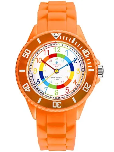Alienwork Kids Lernuhr - Bunte Kinderuhr zum Uhrzeit Lernen - Armbanduhren für Mädchen mit kreativen Ziffernblatt, das das Lernen der Uhrzeit spielerisch unterstützt. Robustes Resin-Gehäuse und bis 5 ATM wasserdicht - ideal für aktive Kinder!