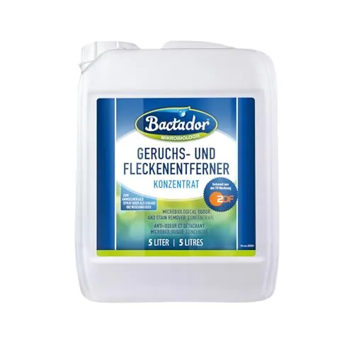 Bactador Geruchsentferner Konzentrat – 5 Liter Fleckenentferner - Mikrobiologischer Fleckenentferner für Hunde, ergibt bis zu 250 Liter Anwendungslösung. Bekämpft hartnäckige Gerüche wie Urin und Kot nachhaltig und umweltfreundlich.