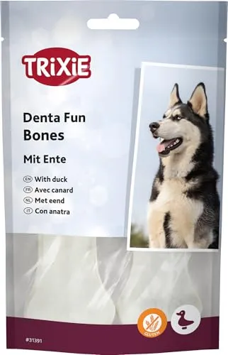 TRIXIE Denta Fun Knochen mit Ente - Rinderhaut mit Ente gefüllt - 2 Stück - 10 cm - 70 g - Glutenfrei - 31391