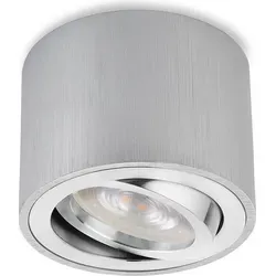 LED Aufbauspot rund Alu geb. 5W dimmbar warmweiß - Schwenkbarer Aufbaustrahler in gebürstetem Aluminium, ideal für individuelle Lichtgestaltung in Wohn- und Arbeitsräumen. Mit dimmbarem 5-Watt-Modul für eine gemütliche Atmosphäre. Modernes Design und flexible Ausrichtung.