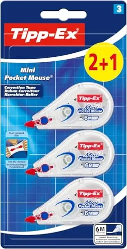 Tipp-Ex Korrekturroller Mini Pocket Mouse, 6 m x 5 mm, ideal für das Büro, das Home Office oder die Schule, 2+1 Stück (1er-Pack)