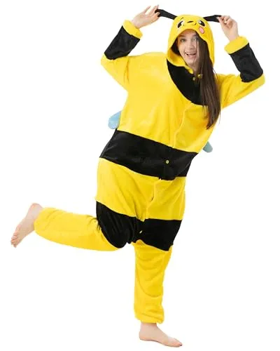 Katara 1744 Bienen Kostüm-Anzug für Erwachsene - Kuscheliger Bienen-Jumpsuit für Damen und Herren, ideal zum Schlafen oder Feiern; ein Hit auf jeder Party mit Kapuze und weichem Fleece für ultimativen Komfort.