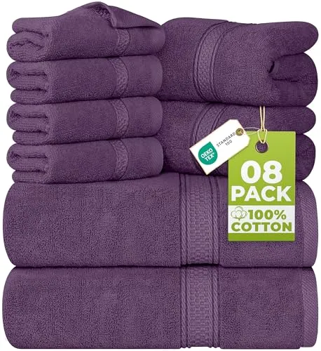 Utopia Towels - 8 teilig Handtücher Set aus Baumwolle mit Aufhänger - 2 Badetuch, 2 Handtücher und 4 Washclappen - (Pflaume)