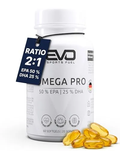 Omega 3 Pro - 50% EPA & 25% DHA - 2250mg Premium Fischöl pro Tagesdosis mit 1500mg EPA und 750mg DHA in Triglycerid-Form - Jeder Batch laborgeprüft - EVO SPORTS FUEL Made in Germany - 60 Kapseln