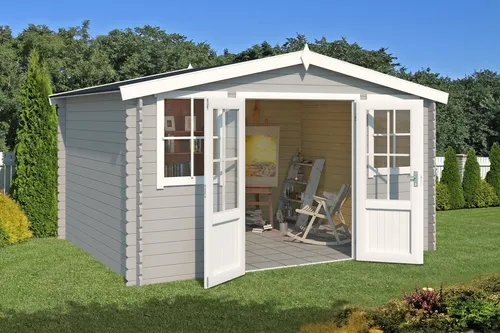 Gartenhaus Blockhaus Satteldach 28 mm Dallas grau 396x312 cm - Hochwertiges Gartenhaus mit 10,61 m² Nutzfläche, abschließbarer Doppeltür und robustem Satteldach aus Holz – perfekt für Gartenliebhaber.