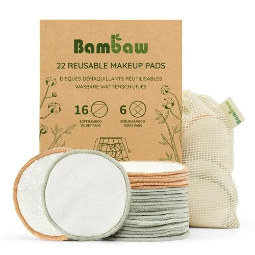 Bambaw Abschminkpads Waschbar, 22 Wiederverwendbare Wattepads mit Wäschebeutel, Pads Abschminken Waschbar, Bambus Wattepads Wiederverwendbar, Reinigungspads Gesicht Waschbar, Kosmetikpads Waschbar