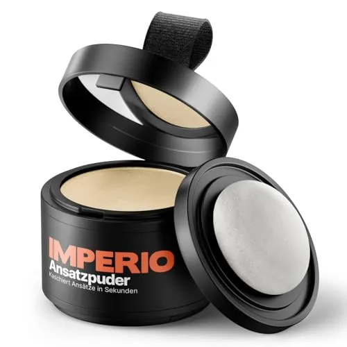IMPERIO Ansatzpuder - Haar Concealer für dichte Haare (Hellblond) - Sofortige Haarverdichtung für Frauen und Männer! Mit unserem Ansatzpuder kaschierst Du lichte Stellen und erhältst einen natürlichen Look – ideal für unterwegs dank praktischer 3-in-1 Dose mit Spiegel und Schwamm.